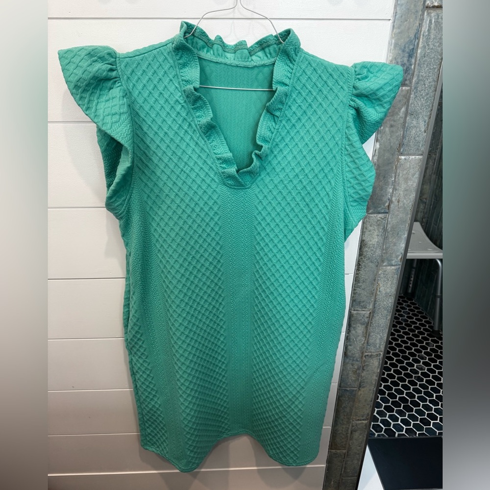 Teal Green Textured Ruffle Sleeve Dress